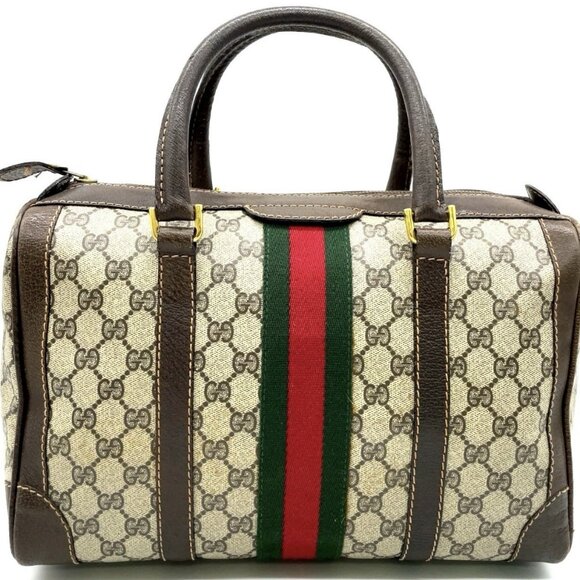 Auth Gucci GG Supreme Sherry Line PVC Leather Beige Brown Boston Bag - Picture 1 of 12